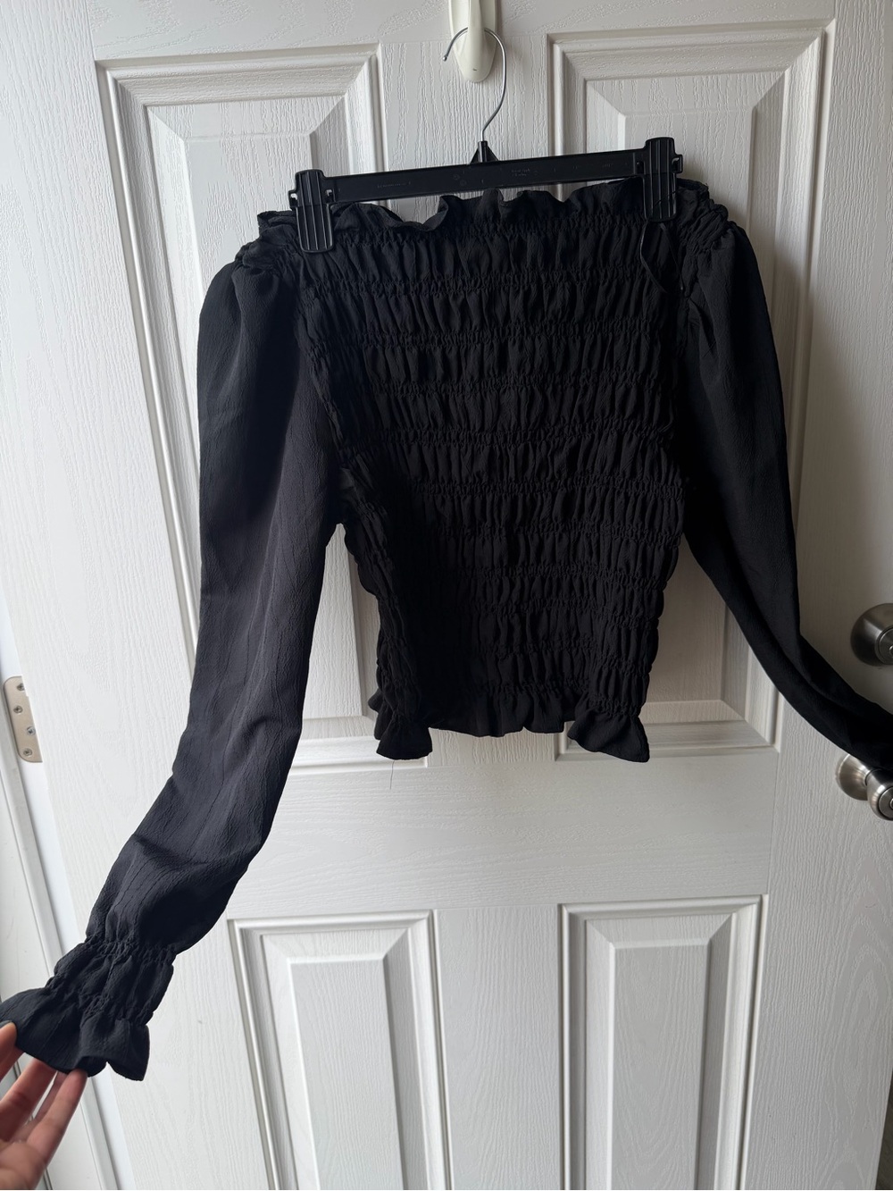 H&M Black Off-Shoulder Shirred Long Sleeve Blouse